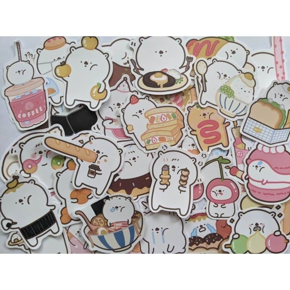 STICKERS 40 PCS Kawaii Super Cute Bear Paper with Silly Food No Repeats NEW